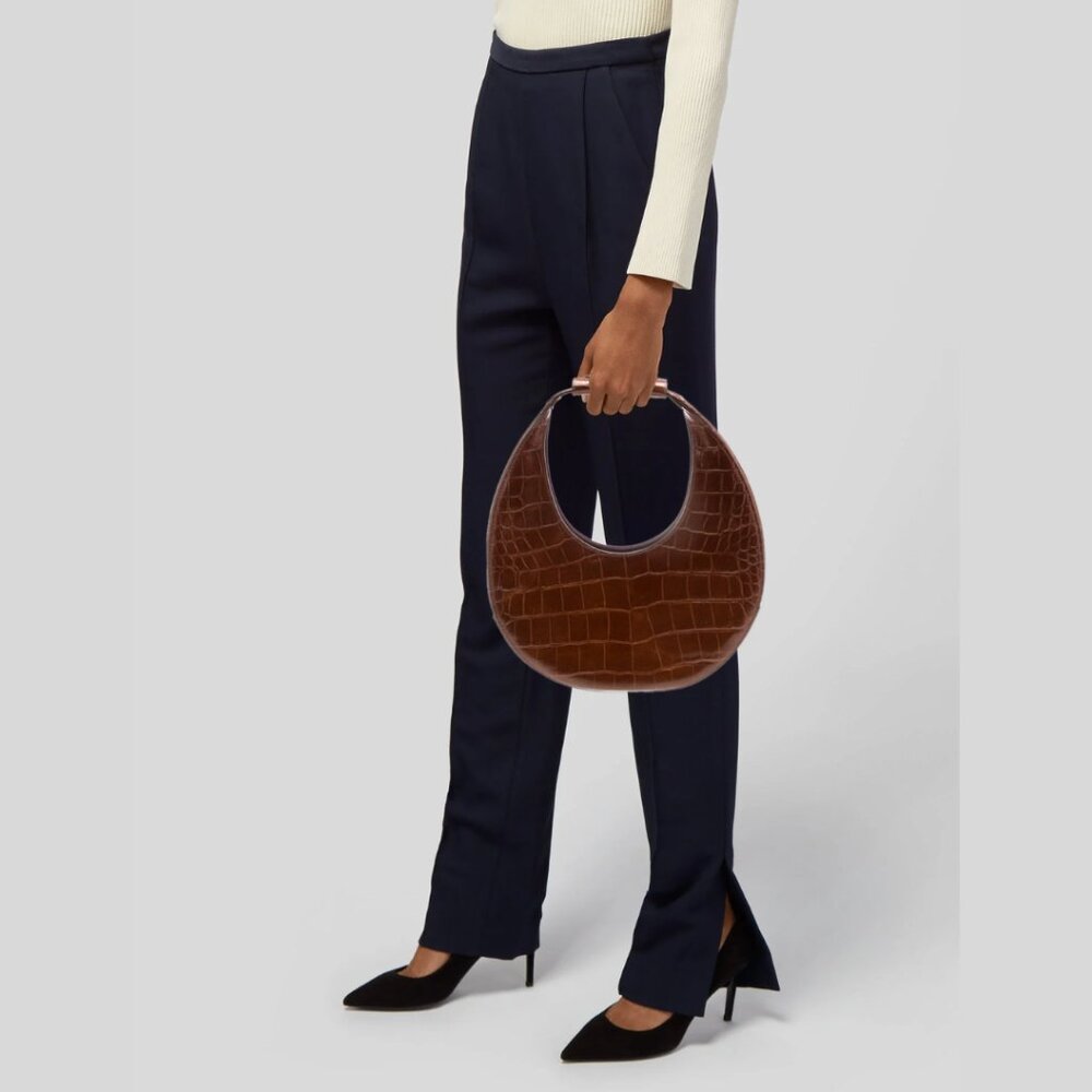 NWT Staud Moon Shoulder Bag Brown Croco Embossed Leather